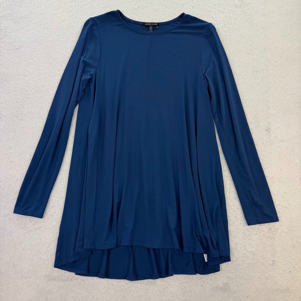 Eileen Fisher Blue Jersey High-Low Long Sleeve Capsule Minimalist Tunic Top PS